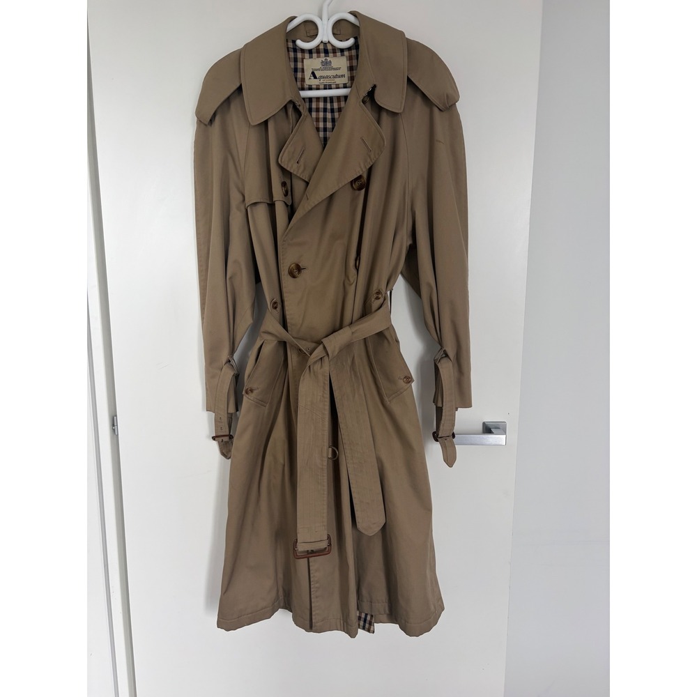 Aquascutum London Mens Vintage Trench Coat Tan Beige Made in England House Check